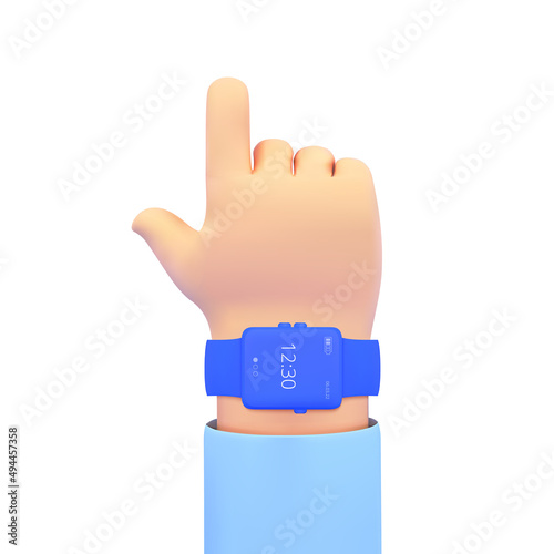 Cartoon hand holding a phone. Smartphone mockup. The finger taps on the phone. Vector isolated illustration 3d style