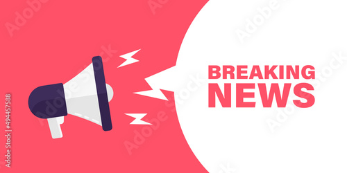Breaking news alert megaphone background. New information broadcast banner. Loudspeaker newspaper poster.