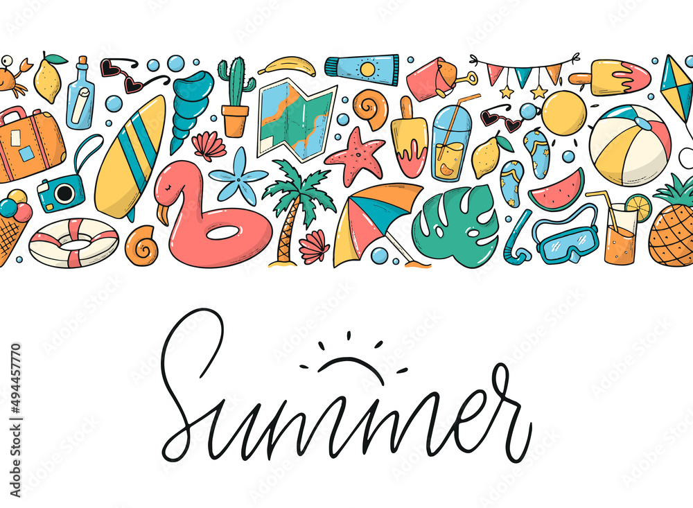 Obraz premium Summer lettering quote decorated with border of doodles on white background. Good for prints, posters, cards, invitations, templates, etc. EPS 10
