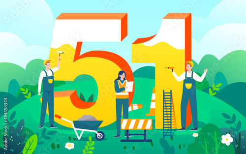 Construction workers work hard at the construction site with plants in the background, tribute to May 1st Labor Day, vector illustration
