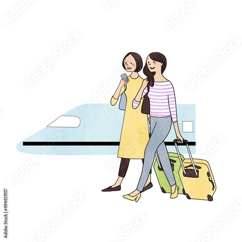 旅行する女性たちと新幹線
