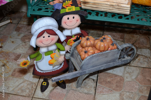 Closeup shot of a decorative pilgrim harvest decoration with pumpkins