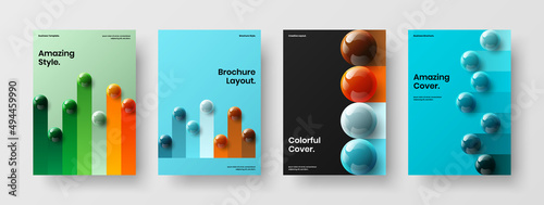 Fresh poster A4 vector design template collection. Vivid 3D balls front page concept set.