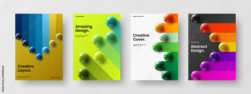 Fresh catalog cover vector design layout composition. Amazing 3D balls poster concept set.