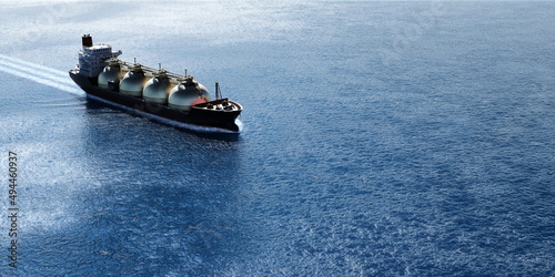 海洋を進むLNG（液化天然ガス）タンカー / エネルギー産業と海運ネットワークのコンセプトイメージ / 3Dレンダリンググラフィックス