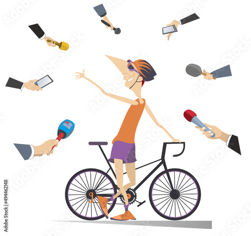 Mass media obtain an interview from the cyclist illustration. Reporters interview a smiling and proud cyclist isolated on white illustration