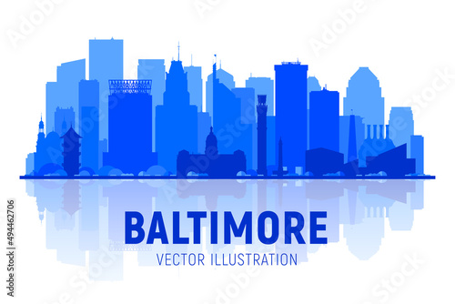 Baltimore Maryland USA skyline silhouette at white background. Vector Illustration. Business travel and tourism concept with modern buildings. Image for banner or web site.