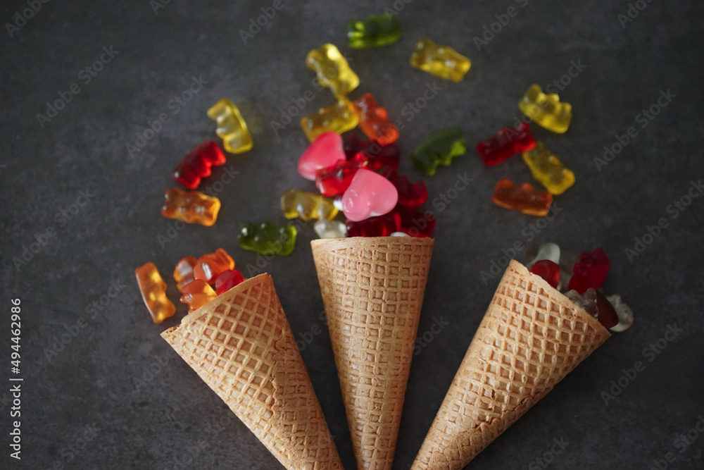 Waffle cone filled with colored jellies