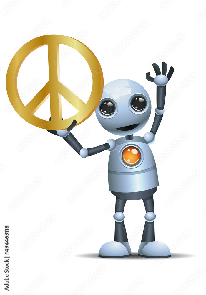 Obraz premium 3D illustration of a little robot hold peace sign
