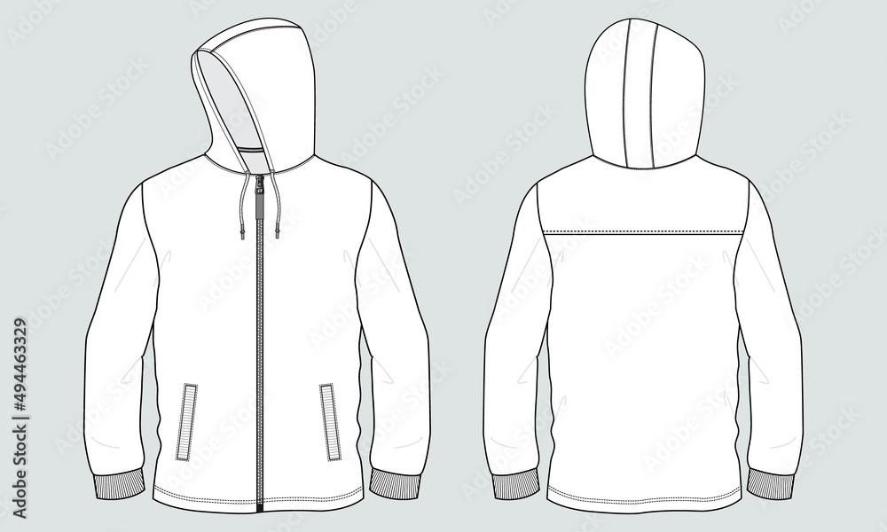 Long sleeve hoodie With zipper and pocket Technical fashion flat sketch ...
