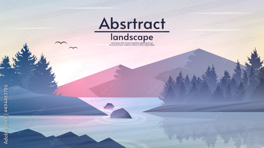 Plakat Nature evening or morning landscape. Vector illustration. Flat style design. Mountains with river. Hills with forest and rocks. Design for background, wallpaper, tourist card.