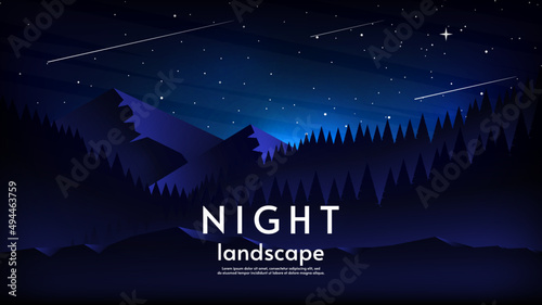 Night landscape. Vector illustration, flat style. Dark forest with mountains. Starry sky with comets. Design for wallpaper, banner, web, touristic card. 