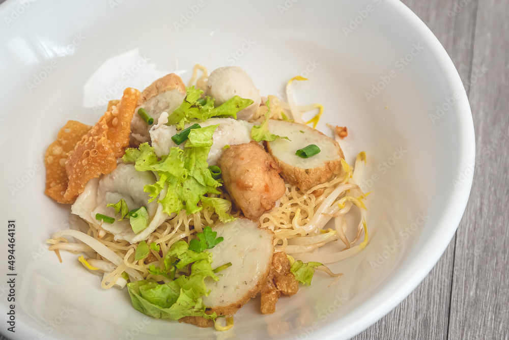 Fish ball noodles from the top view that looks appetizing