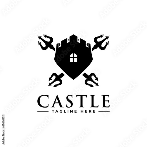 Authentic Castle tower and shield silhouette for real estate, protect systems.