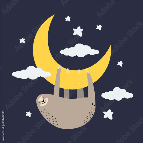 Cute funny sloth hanging on a yellow crescent  moon. Lazy cartoon sloth. Vector illustration.