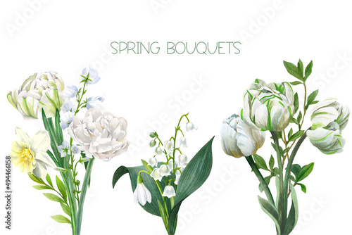 Set of three spring bouquets with snowdrops #494466158