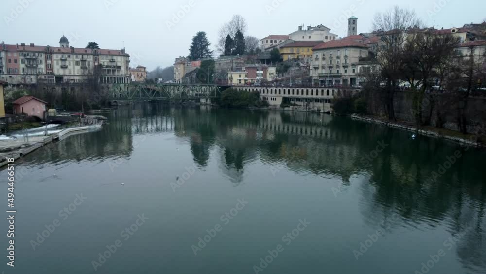 Ivrea, Italy. Amazing aerial view city of Ivrea. River Dora. Cloudy day. Video 4K Ivrea, Italy. Amazing aerial view city of Ivrea. River Dora. Cloudy day. Video 4K
