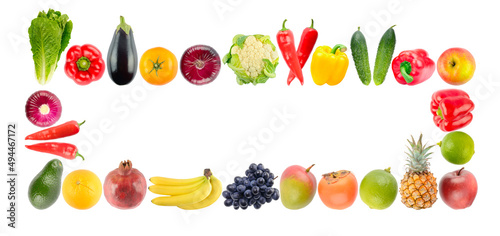 Fototapeta Naklejka Na Ścianę i Meble -  Frame from multi-colored vegetables and fruits isolated on white