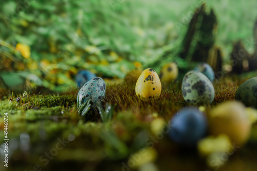 Easter colored eggs on green grass with blurred background