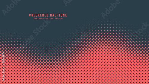 Vector Chequered Halftone Pattern Smooth Curved Border Red Blue Abstract Background. Checkered Rounded Square Dots Blur Texture Pop Art Design. Half Tone Contrast Graphic Minimalist Art Wide Wallpaper