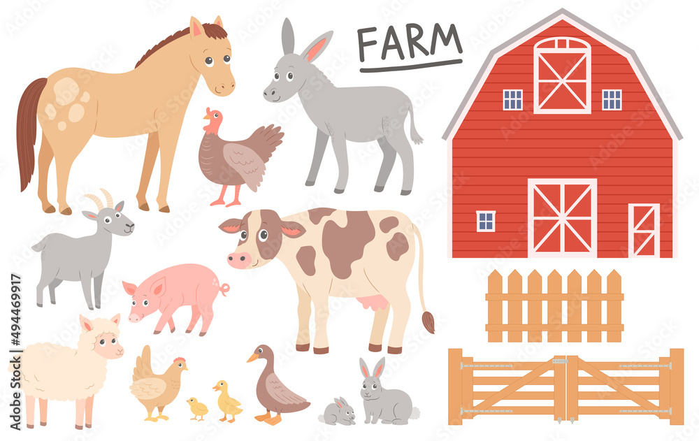Farm animals, barn and fence, vector illustration