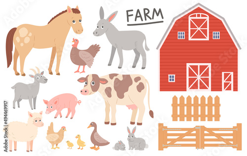 Farm animals, barn and fence, vector illustration
