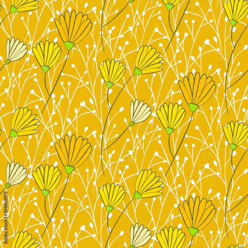 Vector seamless half-drop pattern, with leaves and flowers