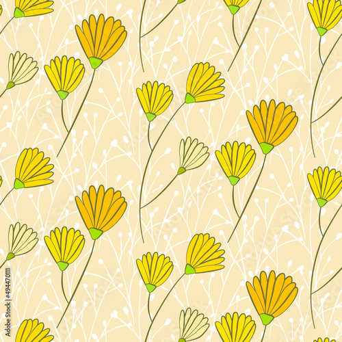 Vector seamless half-drop pattern, with leaves and flowers