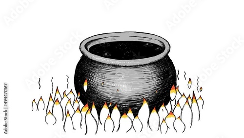 Cartoon boiling kettle or cauldron full of hot tar. Flames undrer it. It is in hell. Dynamic crazy doodle animation. Alpha channel included. photo