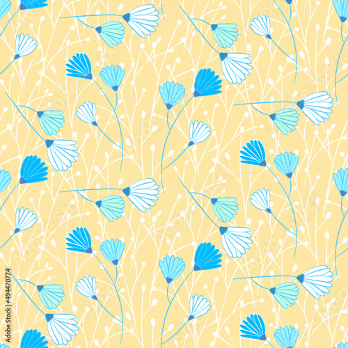 Vector seamless half-drop pattern, with leaves and flowers