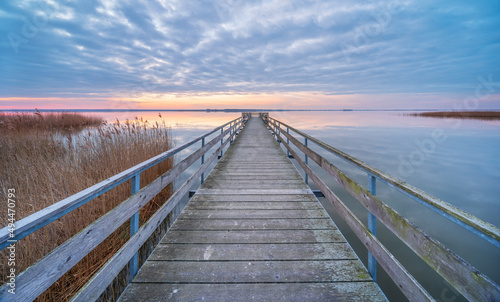 Lake at Sunrise  Long Wooden Pier