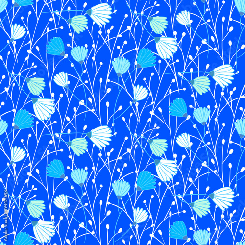 Vector seamless half-drop pattern, with leaves and flowers