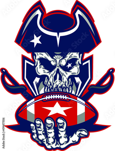 american patriot skull mascot holding football with crossed swords for school, college or league
