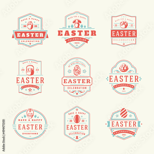 Easter badges and labels vector design elements set. Greeting card text templates and objects  eggs  bunny rabbits  flowers. Happy easter typography messages vintage style