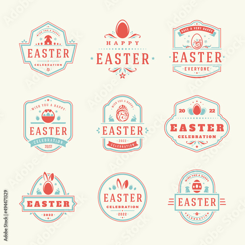 Easter badges and labels vector design elements set. Greeting card text templates and objects, eggs, bunny rabbits, flowers. Happy easter typography messages vintage style