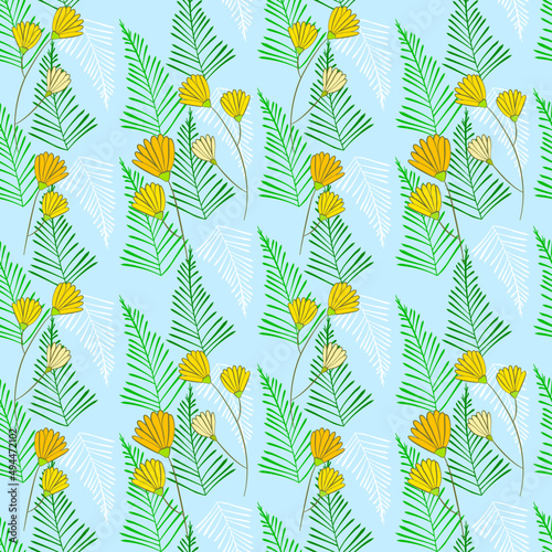 Vector seamless half-drop pattern, with leaves and flowers