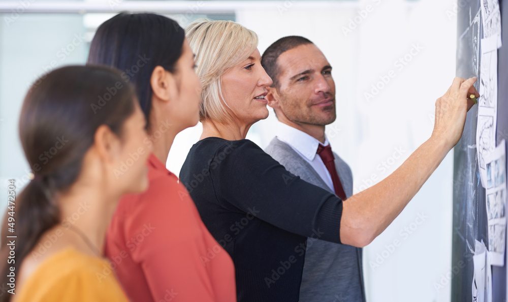 They know how important good planning is. A team of businesspeople drawing up a storyboard on a chalkboard in the office. They know how important good planning is. A team of businesspeople drawing up a storyboard on a chalkboard in the office.