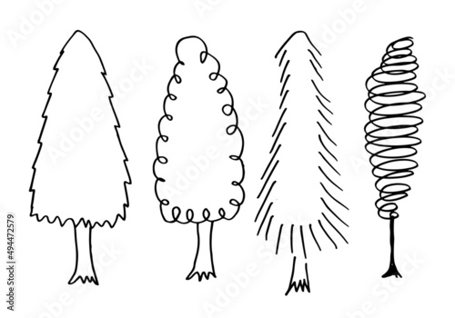 doodle park forest conifer abstract silhouettes outlined trees in black color collection set