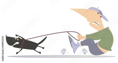 Fényképezés Cartoon man is trying to stop an angry dog by leash for dog
