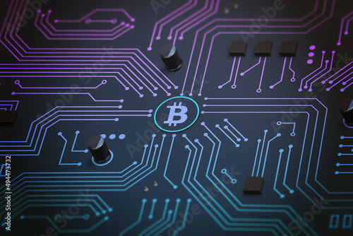 Bitcoin on circuit electronic board. Digital circuit blockchain network concept photo