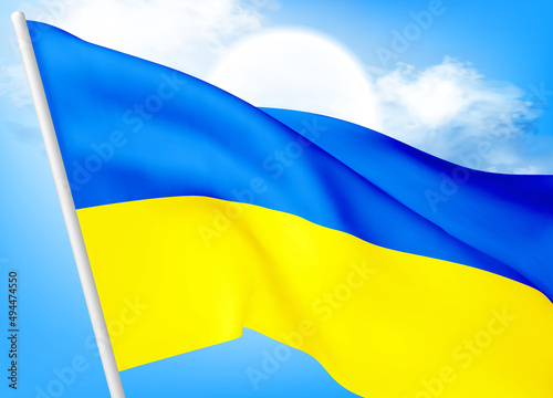Flag of Ukraine against a clear blue sky. The symbol of patriotism of the Ukrainian nation, a blue-yellow silk banner, flutters in the rays of light. Vector 3d realistic illustration. Vector EPS10
