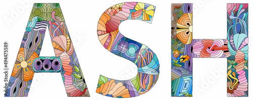 Word ASH. Vector zentangle object for decoration