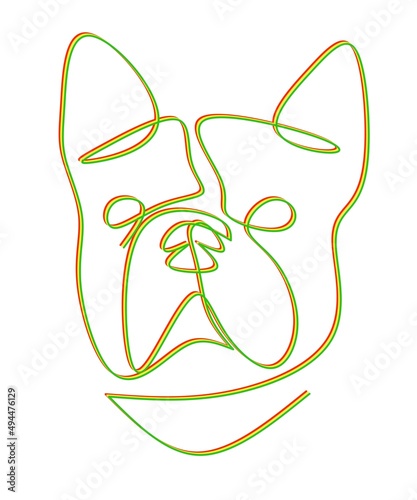 abstract one line art drawing of a dog head in red, yellow and green on a white background good for poster