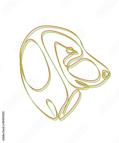 abstract one line art drawing of a dog head in red, yellow and green on a white background good for decoration