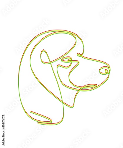 abstract one line art drawing of a dog head in red, yellow and green on a white background