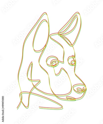 abstract one line art drawing of a dog head in red, yellow and green on a white background good for decoration