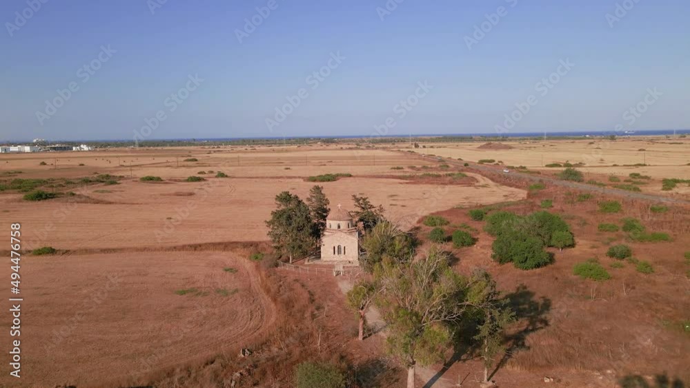 Aerial 4k view of Saint Barnabas Monastery with its surrounding and sea view in Famagusta, North Cyprus Aerial 4k view of Saint Barnabas Monastery with its surrounding and sea view in Famagusta, North Cyprus