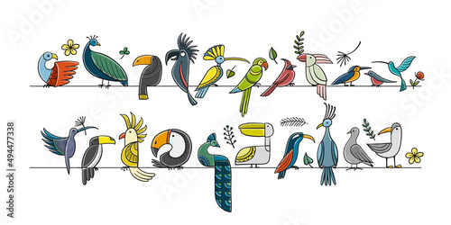 Collection of paradise tropical birds. Pink flamingo and green parrots on branches. Peacocks with toucans etc. Childish style for your design