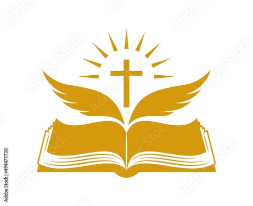 Church logo. Bible and wings symbol of the holy spirit. Flying  wings on the background of an open book. Shining cross. The Word of God that came to us through the Holy Scripture. Isolated. Vector