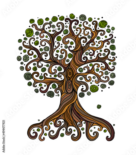 Old big family tree with roots. Isolated on white background. Concept Art for your design. Design interior ideas.